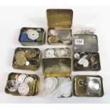 Box of old pocket watch parts, movements, dials etc