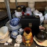 HALF SHELF TO INCLUDE GINGER JAR, TOBY JUG, CERAMIC TUREENS, A CASE OF 45'S, VASES, PLANT POTS ETC