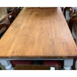 LARGE RECTAGULAR PINE DINING TABLE WITH WHITE PAINTED BASE