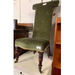 MAHOGANY FRAMED GREEN UPHOLSTERED BUTTON BACK PRAYER CHAIR