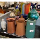 HALF SHELF TO INCLUDE COPPER JUGS, ART NOUVEAU STYLE FOOTED BOWL, GLASSWARE & CERAMICS