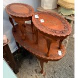 SET OF 3 COFFEE TABLES WITH FLORAL CARVING & BRASS INLAY