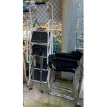 PAIR OF FOLDING CHROME GARDEN CHAIRS, STEP LADDER & FOLDING SCISSOR CHAIR