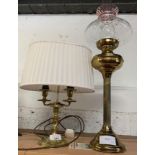 BRASS TABLE LAMP & TALL OIL LAMP