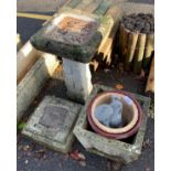 RECONSTITUTED STONE BIRD BATH, SQUARE PLANTER, 2 GLAZED PLANT POTS & SQUIRREL GARDEN STATUE