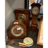 MINIATURE GRANDFATHER CLOCK, 2 MANTEL CLOCKS, ETC