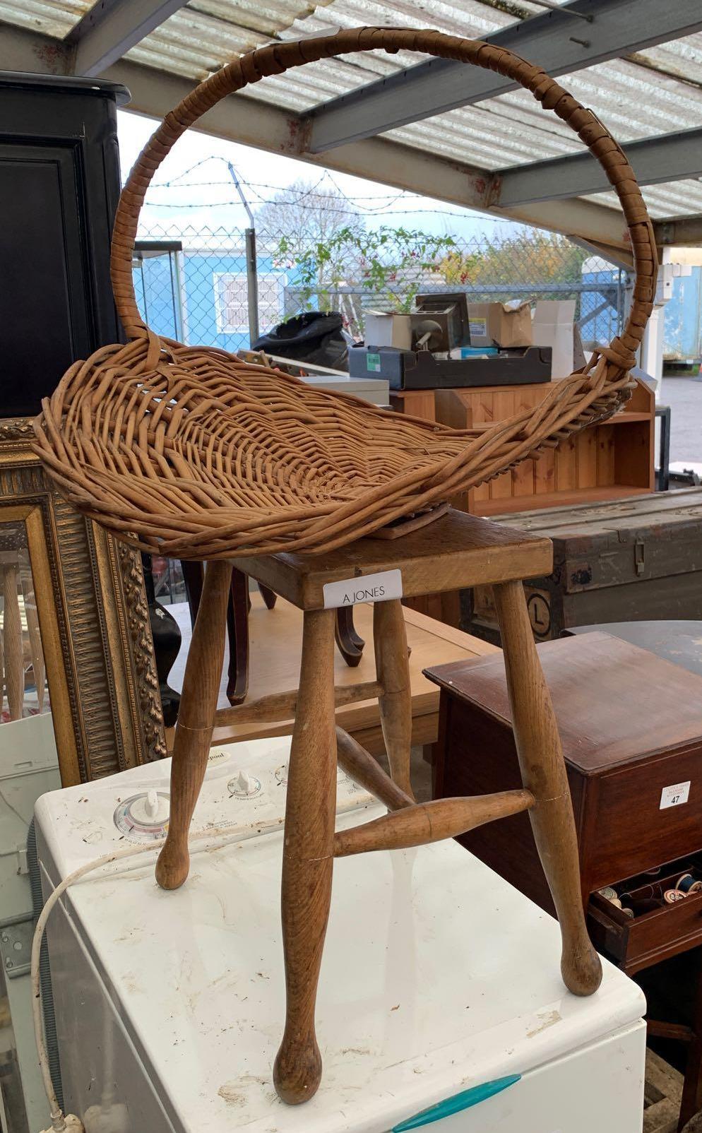 PINE STOOL & WICKER BASKET