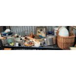 VARIOUS CERAMICS, GLASSWARE, ENAMEL BREAD BIN, WICKER BASKETS, PESTLE & MORTAR & OTHER ITEMS