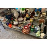 VARIOUS ART GLASS, CERAMIC JUGS, SOAP STONE ELEPHANT & OTHER ITEMS