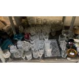 SHELF OF MAINLY CUT GLASS, MURANO GLASS VASE, MDINA GLASS ETC