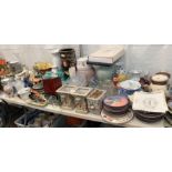 SHELF OF MAINLY CERAMICS INCLUDING LARGE VASE WITH HAND PAINTED FRUIT DECORATION, CUT GLASS, BOXED