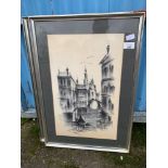 2 ABSTRACT ARCHITECTURAL/STREET SCENE VENETIAN DRAWINGS, CHARCOAL ON PAPER, SIGNED & FRAMED 76 X