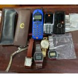 QUANTITY OF OLD MOBILE PHONES, WRIST WATCHES TO INCLUDE ROTARY, CASIO & OTHERS