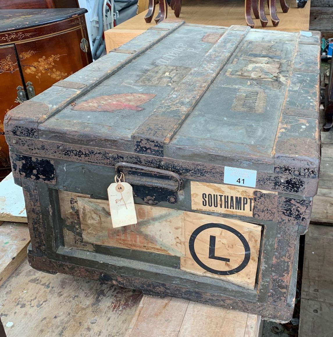 VINTAGE PINE TRAVEL TRUNK WITH METAL BANDING & LEAD LINER