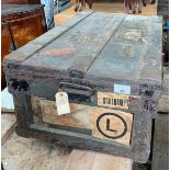 VINTAGE PINE TRAVEL TRUNK WITH METAL BANDING & LEAD LINER