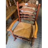 OAK FRAMED LADDER BACK ROCKING CHAIR WITH 2 OTHER CHAIRS