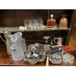 VARIOUS SILVER PLATE, POOLE POTTERY LAMP, GLASS DECANTER WITH OTHER GLASS ETC