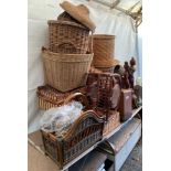 LARGE QUANTITY OF WICKER BASKETS, WOODEN ANIMAL FIGURES ETC