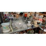 SHELF OF MAINLY CUT GLASS, CRYSTALS, SOAPSTONE DOLPHIN ETC