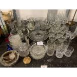 VARIOUS CUT GLASS INCLUDING STUART GLASS TUMBLERS, CHAMPAGNE FLUTES, BRANDY GLASSES, SHERRY
