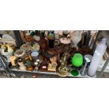 SHELF TO INCLUDE AFRICAN STYLE WOODEN MASKS, LARGE GREEN WINE GLASS, ORIENTAL STYLE ASHTRAY &