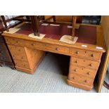 LIGHT OAK TWIN PEDESTAL DESK WITH RED LEATHERETTE INSERT