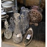 VARIOUS CUT GLASS DECANTERS, MOON VASE, BLUE & WHITE BOWL & TEAPOT ON STAND