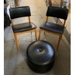 PAIR OF MID CENTURY DINING CHAIRS ALONG WITH A POUFFE