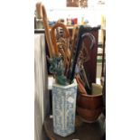 UMBRELLA STAND WITH WALKING STICKS & GLAZED URN WITH WALKING STICKS