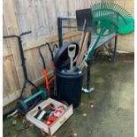 BLACK BIN OF GARDEN TOOLS, A SET OF SACK TRUCKS & OTHER TOOLS