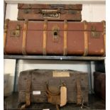 2 LEATHER TRAVELLING CASES & LARGE WOODEN RIBBED TRAVELLING TRUNK