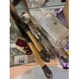JOSEPH PARKS CARVING KNIFE & FORK ALONG WITH SILVER FRUIT KNIFE, MASONIC BUTTONS, BADGES & OTHER