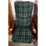 OAK FRAMED ROCKING CHAIR WITH TARTAN UPHOLSTERY ALONG WITH A RETRO CHAIR