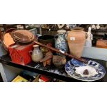 PART SHELF TO INCLUDE COPPER JAM PAN, COPPER BED PAN, TOOLBOX WITH TOOLS, TERRACOTTA URN ETC