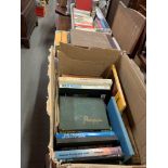 4 BOXES OF BOOKS INCLUDING PORTFOLIO OF PHOTOGRAPHS, MATHMETICS BOOKS, MOUNTAINEERING BOOKS ETC