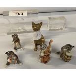 VARIOUS CERAMIC CATS PLAYING INSTRUMENTS, BRASS CAT & 2 CAT PAPERWEIGHTS