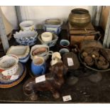 VARIOUS CERAMICS, DACHSHUND DOORSTOP, SET OF SCALES WITH WEIGHTS, COOPER AND BRASSWARE