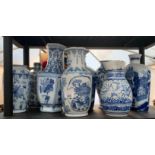 SHELF OF BLUE & WHITE VASES, SOME IN ORIENTAL STYLE