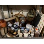 DRESSING TABLE MIRROR, WICKER BASKETS, BRASS CANDLESTICKS, CERAMICS, MANTEL CLOCK ETC