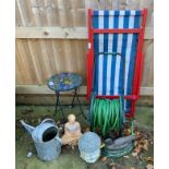 DECK CHAIR, PEACOCK DESIGN SIDE TABLE, GALVANISED WATERING CAN ETC