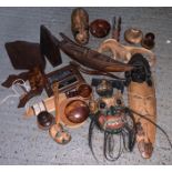 WOODEN ANIMALS, TURNED BOWLS, FACE MASK & OTHER COLLECTABLES