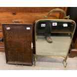 20TH CENTURY RETANGULAR WOOD TRAY WITH METAL HANDLES & BRASS FRAMED FIRE GUARD WITH BEVELLED