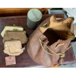 2 HIP FLASKS, VARIOUS PURSES AND SMALL BAGS, FAN, GLOVE STRETCHERS & OTHER COLLECTABLE ITEMS