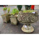 PAIR OF SQUARE RECONSTITUTED STONE PLANTERS & URN PLANTER