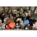 SHELF OF MAINLY CERAMICS, HORNS DECORATED AS BIRDS, TERRACOTTA VASE WITH LID, CUT GLASS ETC