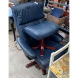 BLUE LEATHERETTE RECLINING ARMCHAIR WITH MATCHING STOOL