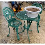 GREEN PAINTED ALUMINIUM TABLE WITH MATCHING CHAIRS, GLAZED POT & HORSE SHOES