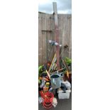 VARIOUS GARDEN TOOLS, 2 RED SPRINGS & GALVANISED BUCKET