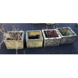 4 SQUARE MATCHING RECONSTITUTED STONE PLANTERS EACH WITH ACORN & OAK LEAF DECORATION