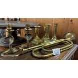 SPANISH BUGLE & COLLECTION OF CANDLESTICKS